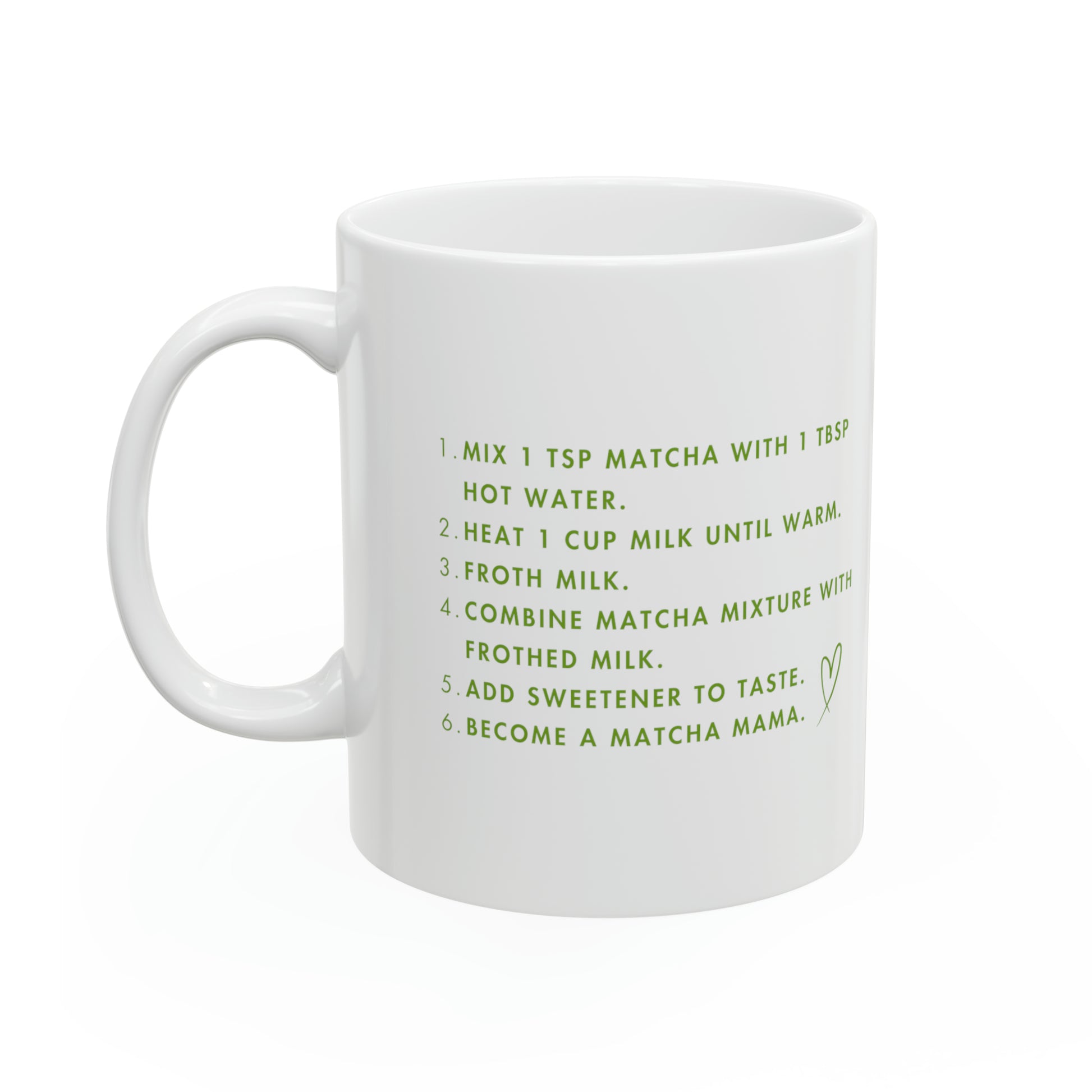 Back of Matcha Mama mug with simple ingredients for the perfect matcha latte